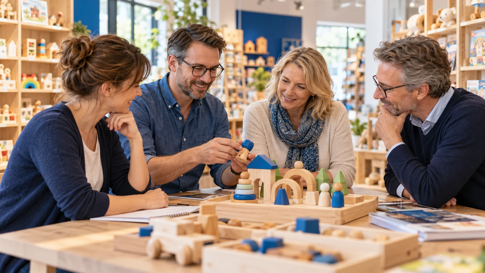 KI-generiertes Motiv: Erfahrungsaustausch und gemeinsame Beratung im Spielwarenfachhandel